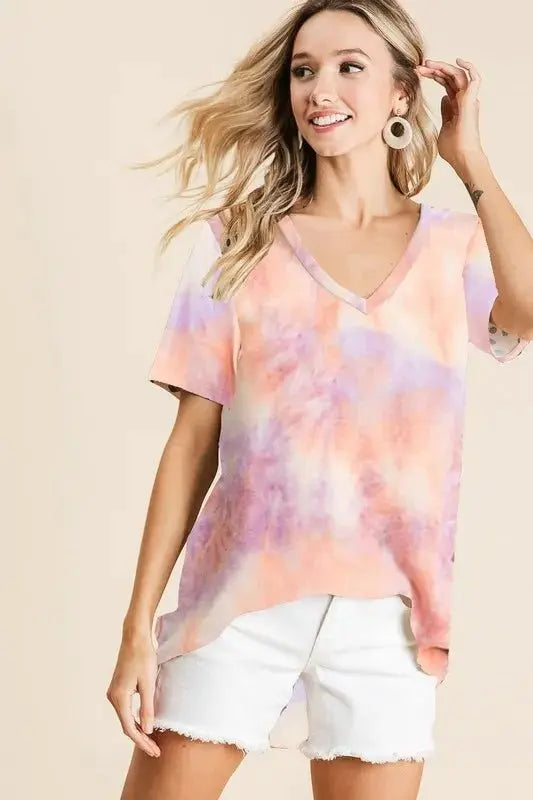 BiBi Tie Dye French Terry V Neck Top for Casual Style - Love Salve